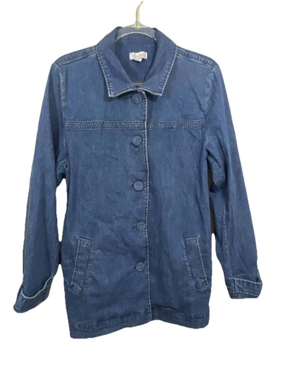 Denim & Co Size 1X Blue Denim Jacket Car Coat Length Button Front Stretch NEW
